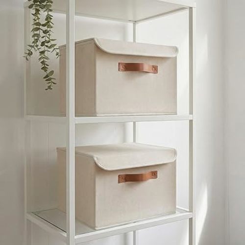 ZICOTO Decorative Linen Storage Boxes with Lids - Large Set of 2 Organizer Bins for Your Home Decor - The Perfect Container to Safely Store Photos, Documents and Memory Box Keepsakes in Style