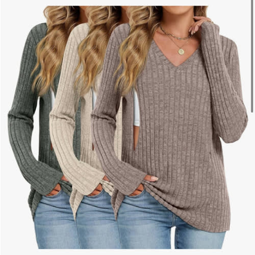 Oakgarden 3 Pack Women's Maternity Nursing Tops, V Neck Breastfeeding Sweaters Long Sleeve Hidden Zipper Shirts