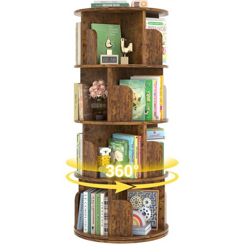 Besiost Rotating Bookshelf,4 Tier Wood Spinning Bookcase Tower,Rustic Brown