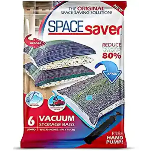 Spacesaver Premium Vacuum Storage Bags. 80% More Storage! Hand-Pump for Travel! Double-Zip Seal and Triple Seal Turbo-Valve for Max Space Saving! (Jumbo 6 Pack)