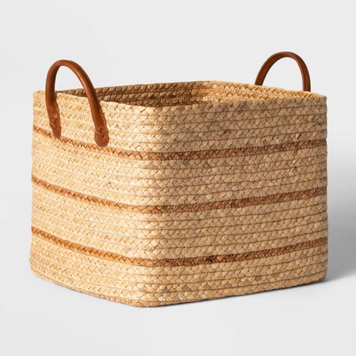 Large Braided Water Hyacinth Basket with Faux Leather Handles - Threshold™: Multicolor Storage & Organization, 13" Cube System