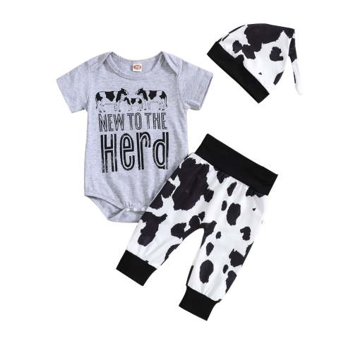WOYY Newborn Boys Casual Outfits Cow Print Short Sleeve Romper Pants with Hat 3Pcs Set