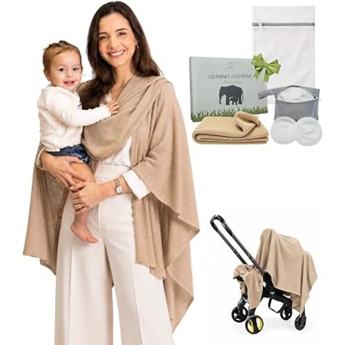 Set Premium Breast Feeding Covers for Women of All Body Types: Ultra Soft Stylish and Breathable Nursing Cover up for Breastfeeding + 4 Reusable Breast Pads for Nursing Comfort (Honey Camel)