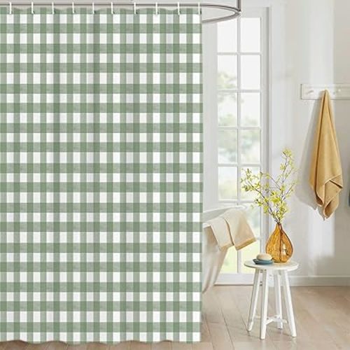 QueenKer Shower Curtain Sage Green Buffalo Plaid Waterproof Fabric Shower Curtain Set with 12 Hooks, Bathroom Curtains for Farmhouse Home Hotel Holiday Decor, 72" W x 72" L