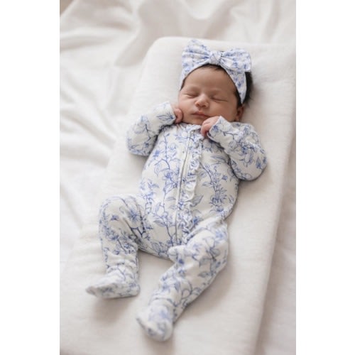 Bamboo Baby Zipper Romper: Blue Vintage Floral Floral Ruffle Sleeper with Bow