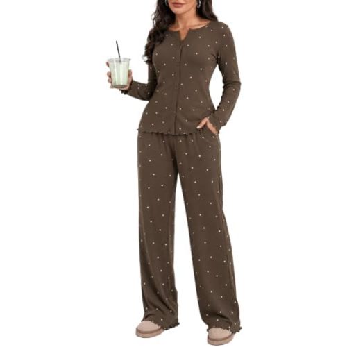 Modal Pajama Sets for Women, V Neck Polka Dots Long Sleeve and Pants