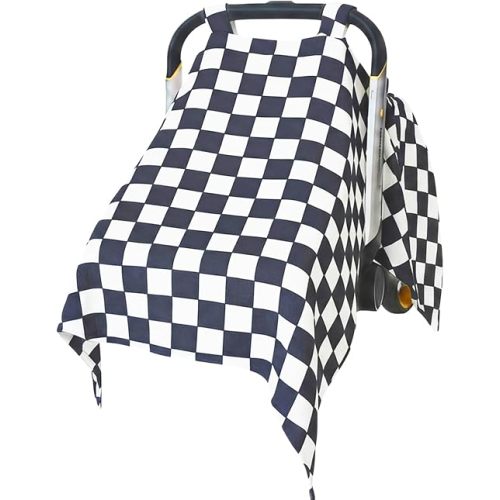 Muslin Baby Carseat Cover - Black & White Checkered Infant Carrier Canopy, Soft & Breathable Car Seat Cover for Babies, Lightweight Sunshade for Summer, Universal Fit for Boys & Girls