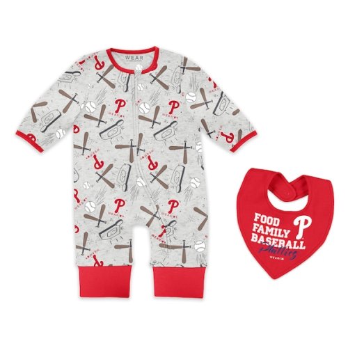 Philadelphia Phillies WEAR by Erin Andrews Newborn & Infant Sleep and Play Full-Zip Sleeper & Bib Set - Heather Gray