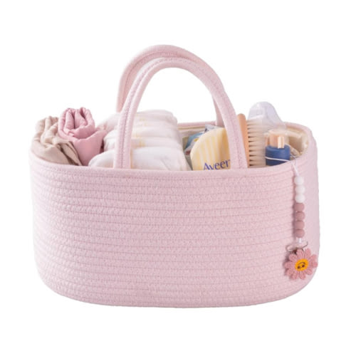 Baby Diaper Caddy Organizer for Girl Boy Rope Nursery Storage Bin Basket Portable Holder Tote Bag for Changing Table Car Travel Baby Shower Gifts Newborn Essentials Registry Must Have Items Pink