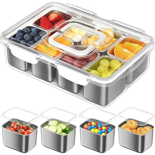 Stainless Steel Snackle Box, 8 Compartment Divided Serving Tray with Lid & Handle, Portable BPA-Free Snack Box for Fruits, Nuts & Veggies, Keep Food Fresh & Organized, Ideal for Travel,Picnic & Beach