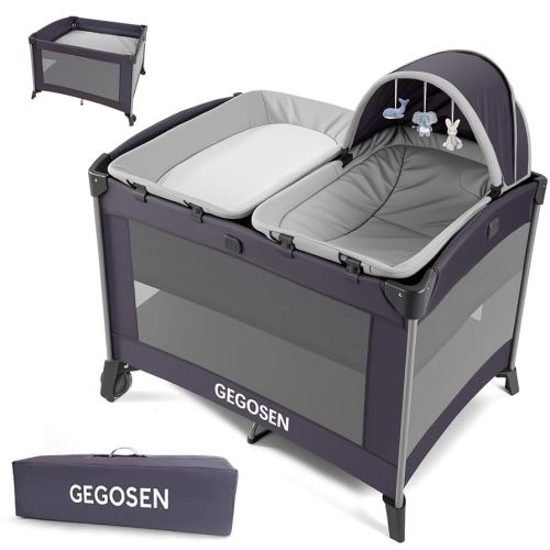 Portable Baby Playard 4 in 1 Design, Foldable Baby Playpen with Removable Bassinet, Canopy and Changing Table, Infant Playrad, Nursery Center Travel Crib (Toys Not Included)