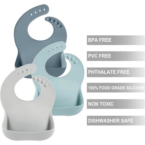 PandaEar 3 Pack Silicone Bibs for Boys Girls for Babies & Toddlers, Waterproof Feeding Bib with Large Food Catcher, BPA Free
