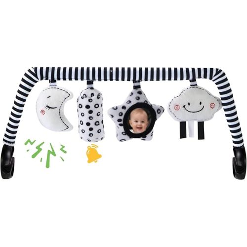 Baby Bouncer Toy Bar Soft with 4 Hanging Sensory Toys Attachment, Compatible with Baby Bjorn Bouncer, with Mirror, Rattle, Crinkle Sound for Babies All Ages (Black and White Shapes)