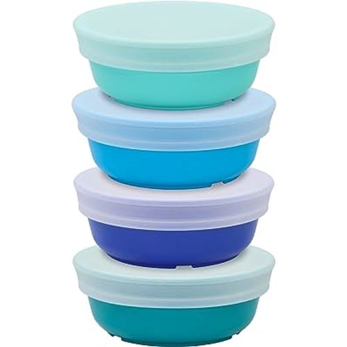 Re-Play 12 oz. Toddler Bowls Set of 4 with Lids - Kids Deep-Walled, Durable & Reusable Snack and Meal Bowls, Dishwasher & Microwave Safe, BPA-Free, Made in USA from Recycled Plastic, True Blue