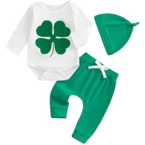 Newborn Infant Baby Boy St Patricks Day Outfit Clover Long Sleeve Romper and Long Pants Hat 3Pcs Set Irish Outfit