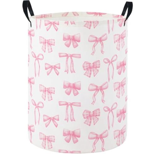 Girls Laundry Hamper Basket, Pink Bowknots | For Nursery Girls, Kids Toys Storage Bin Organizer, Boho Room Decor, Cute Design
