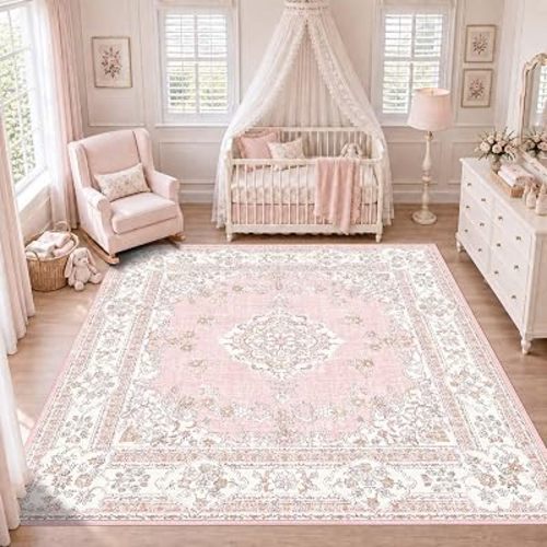 6x6 Square Soft Pink Rug: 6ft Washable Carpet for Girls Bedroom Kid Nursery