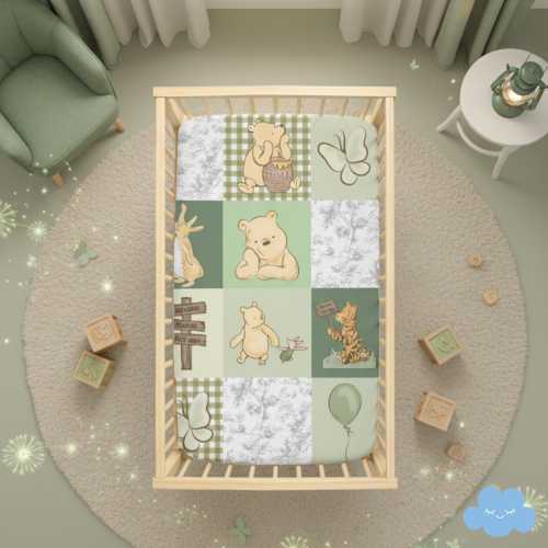 Whimsical Sage Pooh Green Baby Crib Sheet