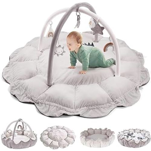 5-in-1 Convertible Baby Play Gym with 6 Toys, Tummy Time Mat for Sensory Development, Baby Activity Center from Newborn to Toddler, Ball Pit, Cat & Dog Bed, Soft Plush Pet Bed, No Ball Included