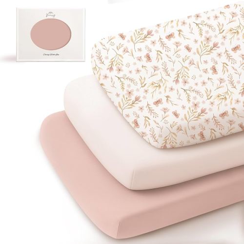 Konssy 3 Pack Stretchy Bassinet Sheets for Baby Girl Boy, Soft Bedside Bassinet Sheets, Compatible with Baby Delight, Dream On Me, AMKE and Other Rectangle Mattress (Pink Spring)
