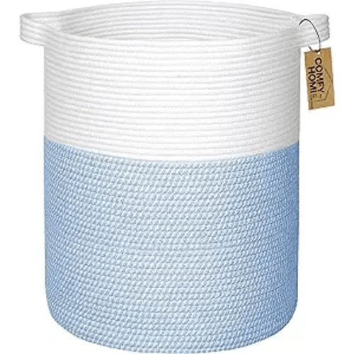 XXL Large Laundry Basket with Handles Blanket Baskets Living Room|Woven Cotton Rope Decorative Basket Laundry Hamper Baby Basket Nursery Dog Toy Storage Organizer Bin-16”x18”-White/Blue