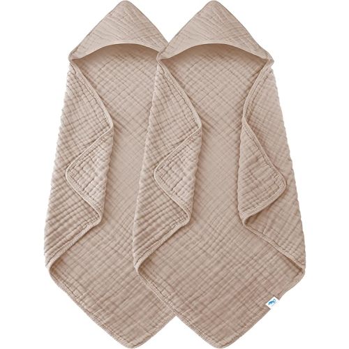 SWEET DOLPHIN Muslin Hooded Baby Bath Towels - 2 Pack 100% Cotton Towel for Babies, Infants, Toddlers - 32x32Inch - Highly Absorbent and Newborn Essential, Brown