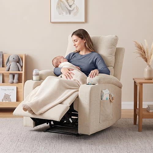 FiveWillowise Manual Recliner Chair with Cup Holders, Nursery Chair, Beige