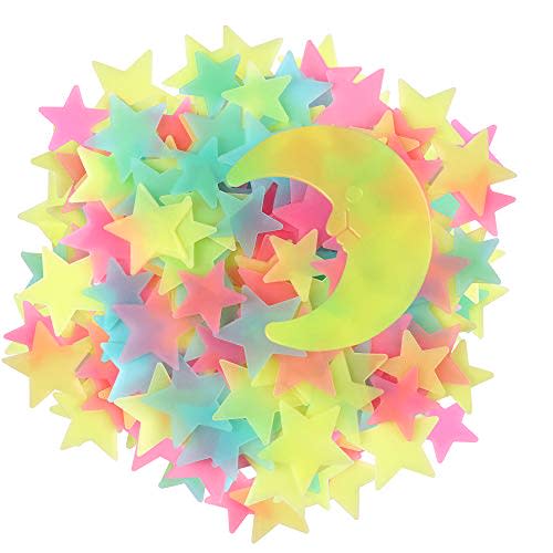 AM AMAONM Glow in The Dark Luminous Stars Fluorescent Noctilucent Plastic Wall Stickers Murals Decals for Home Art Decor Ceiling Wall Decorate Kids Babys Bedroom Room 100PCS Yellow Moon and Stars