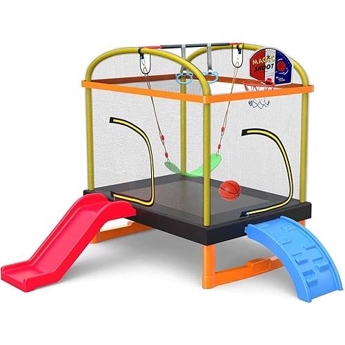 LANGXUN 6.5Ft 7-in-1 Rectangle Trampoline for Kids, with Climb, Slide, Swing, Basketball Hoop, Multi-Functional Indoor Outdoor Baby Toddler Mini Trampoline for Girls and Boys Birthday Gift, Age 1-10