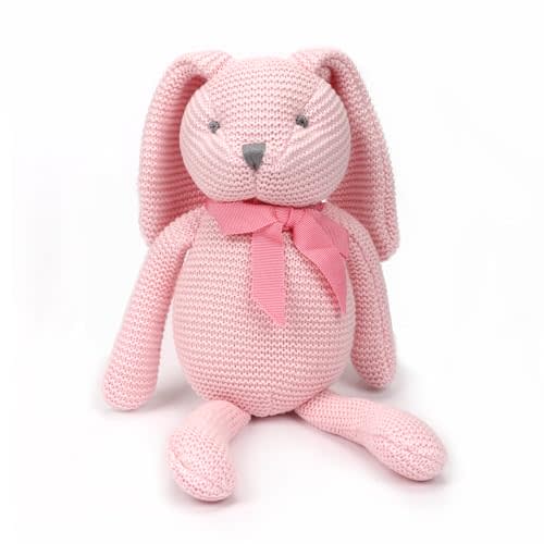 FLUFFYFUN 100% Organic Cotton Baby Toys Pink Bunny Rabbit Stuffed Animal for Newborn 7.1"