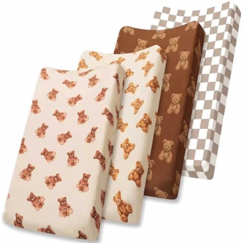 4 Pack Bear Baby Sheets Neutral Unisex Fitted Checked Nursery Baby Sheet Set Toddler Mattress Sheets for Boys or Girls (Changing Pad Covers)