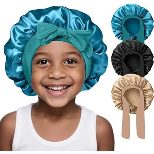 3 Pcs Kids Silk Bonnet for Sleeping - Baby Satin Bonnet for Sleeping,Kids Hair Bonnets for Curly Hair Girls Boys with Wide Elastic Band,Sleep Cap for Teens Toddler Child (Peacock Blue+Black+Beige)