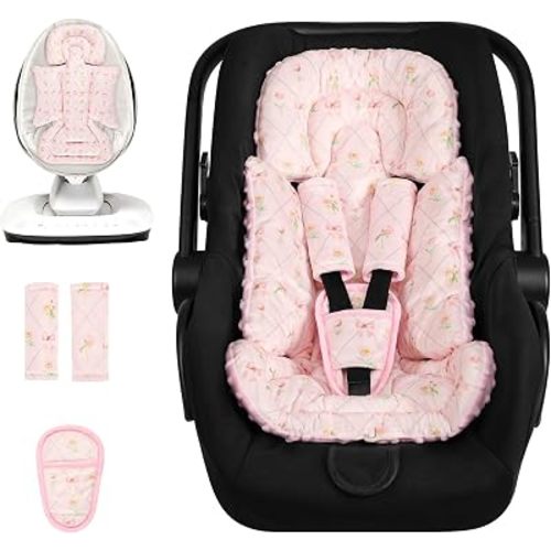 Infant Car Seat Insert with 3 Strap Covers, Soft Car Seat Head Support for Baby Girls, Plush Fabric Newborn Insert for carseat, Strollers, Swings, Bouncer, Flower Bow