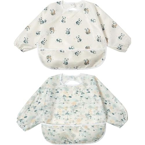 Little Dimsum Baby Bib with Pocket Waterproof Toddler Bibs Infant Feeding Bibs for Boys and Girls, Pack of 2 Colors