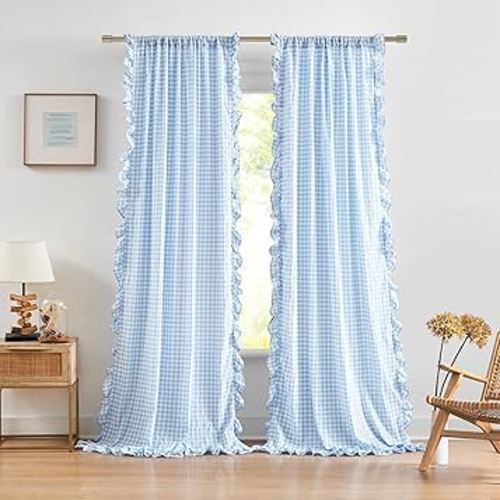 ZJDECOR Buffalo Plaid Ruffle Curtain Panels 90 Inches Long,Baby Blue Crinkled Not-See-Through Sheer Drapes for Kidsroom Bedroom Living Room,Shabby Chic Window Treatment,Rod Pocket,40"Wx90"L(Pack of 2)