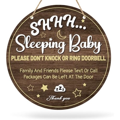 Baby Sleeping Sign for Front Door Wooden Please Do Not Knock Or Ring Doorbell Sign Shhh Baby Sleeping Door Signs Do Not Disturb for Nursery Home Baby Room New Born Gifts 6"