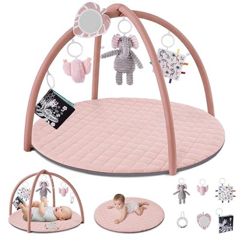 Blissful Diary Baby Play Gym Mat, Tummy Time Activity Mat with 6 Detachable Toys for Skill Development, Baby Essentials Gift, Soft Pink