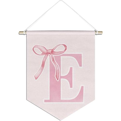 initial Personalized Preppy Canvas Hanging Pennant Flag Banner, Coquette Pink Bow Teen Girl Gifts,Trendy Cute Monogrammed Gifts Wall Decor for Women Teen Girl Nursery bedroom(E)