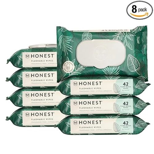 The Honest Company Flushable Wipes for Sensitive Skin | Fragrance Free, Hypoallergenic, 99% Water, Safe to Flush | pH Balanced Feminine Wipes | Tropical Leaves, 336 Count
