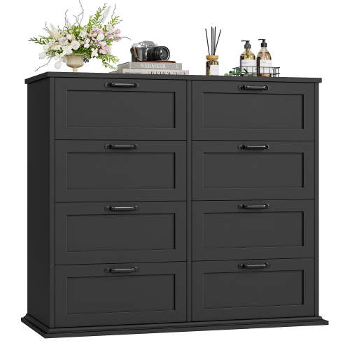 Homfa Horizontal 8 Drawer Dresser, Wood Storage Cabinet Double Dresser for Bedroom Living Room, Black