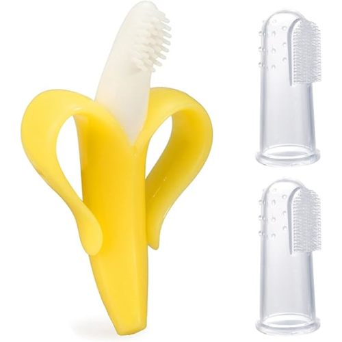 Finger Baby Toothbrush and Banana Teether, Soothing Pain Relief Silicone Baby Teething Toy for Babies, Toddlers, Infants, BPA Free, Soothes Babies Sore Gums(1 Teether 2 Finger Toothbrushes)