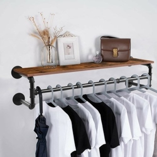 Industrial Pipe Garment Rack with Wood Shelf Wall Mounted Clothing Rack