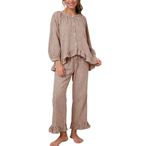 Flygo Womens Plaid Pajamas Sets 2 Piece Cotton Pj Set Puff Sleeve Ruffle Babydoll Shirt Gingham Pants Lounge Sets