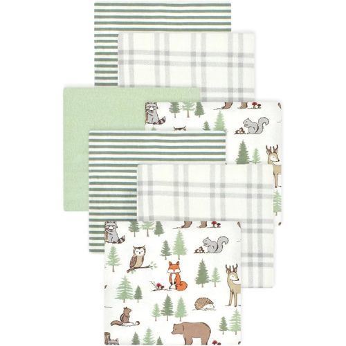 Little Treasure Hudson Baby Cotton Poly Flannel Receiving Blankets Multipack, Green Forest Animals, 30x30 inches