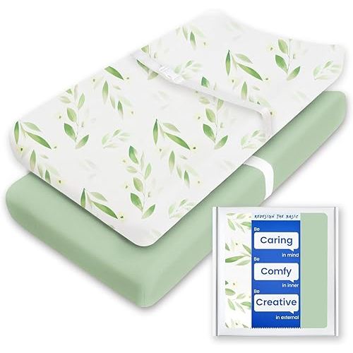 Changing Pad Cover for Girls Boys, TotBasic Premium Soft Boho Changing Table Covers, Stretchy Jersey Changing Table Sheets - Fits All Standard Changing Tables - 2 Pack (Sage Green&Botanical Leaf)