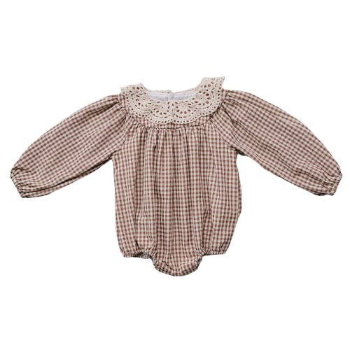 Camel Gingham Lace Bubble Romper – Mebie Baby