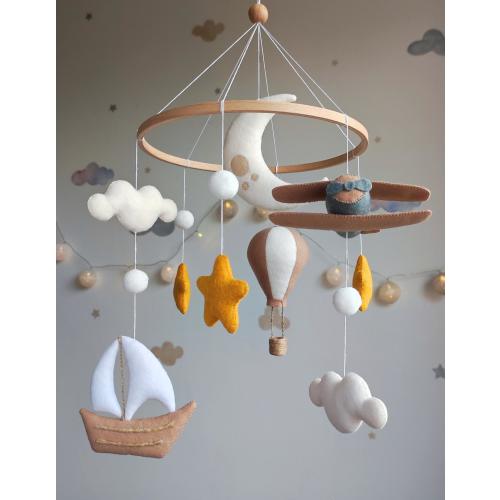 Baby crib mobile Travel with Ship, Boat, Hot Air Balloon, Airplane. Adventure Nursery Decor. Gender Neutral Crib Mobile for Baby Shower Gift
