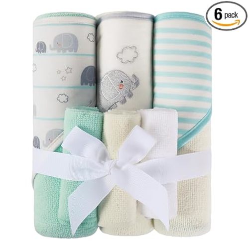 Softan Baby Hooded Towels and Washcloths Set 6 Pack, 28x28 Ultra Soft & Absorbent Baby Bath Towels for Newborn Infant Toddler, Unisex Boys Girls (Green Elephant)