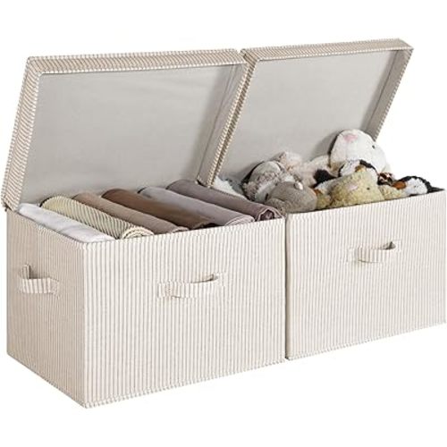 StorageWorks Fabric Storage Bins with Lid, Decorative Storage Boxes for Shelves, Stackable Closet Organizer Basket with Handles, Jumbo, Khaki and Beige Stripes, 2-Pack