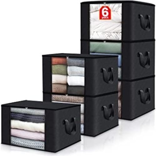 Fab totes 6 Pack Clothes Storage, Foldable Blanket Storage Bags, Storage Containers for Organizing Bedroom, Closet, Clothing, Comforter, Organization and Storage with Lids and Handle, Black